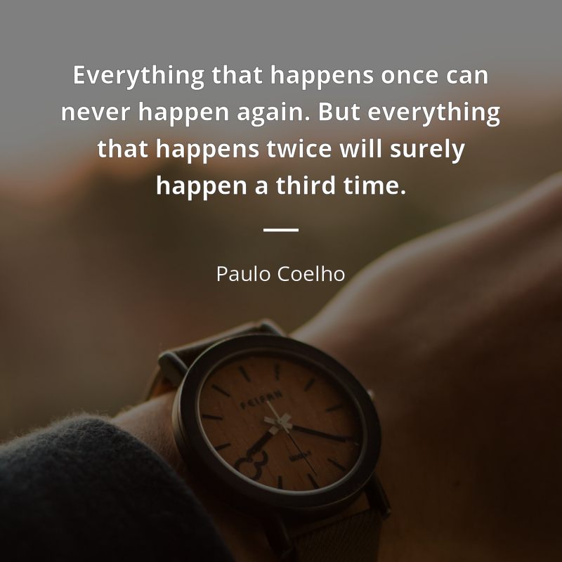 Paulo Coelho cytat: “Everything that happens once can never happen again. But everything that happens twice will surely happen a third time.”